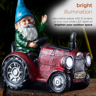 Solar Red Tractor Riding Gnome with Cool White LED Lights