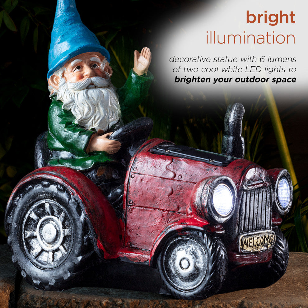 Solar Red Tractor Riding Gnome with Cool White LED Lights