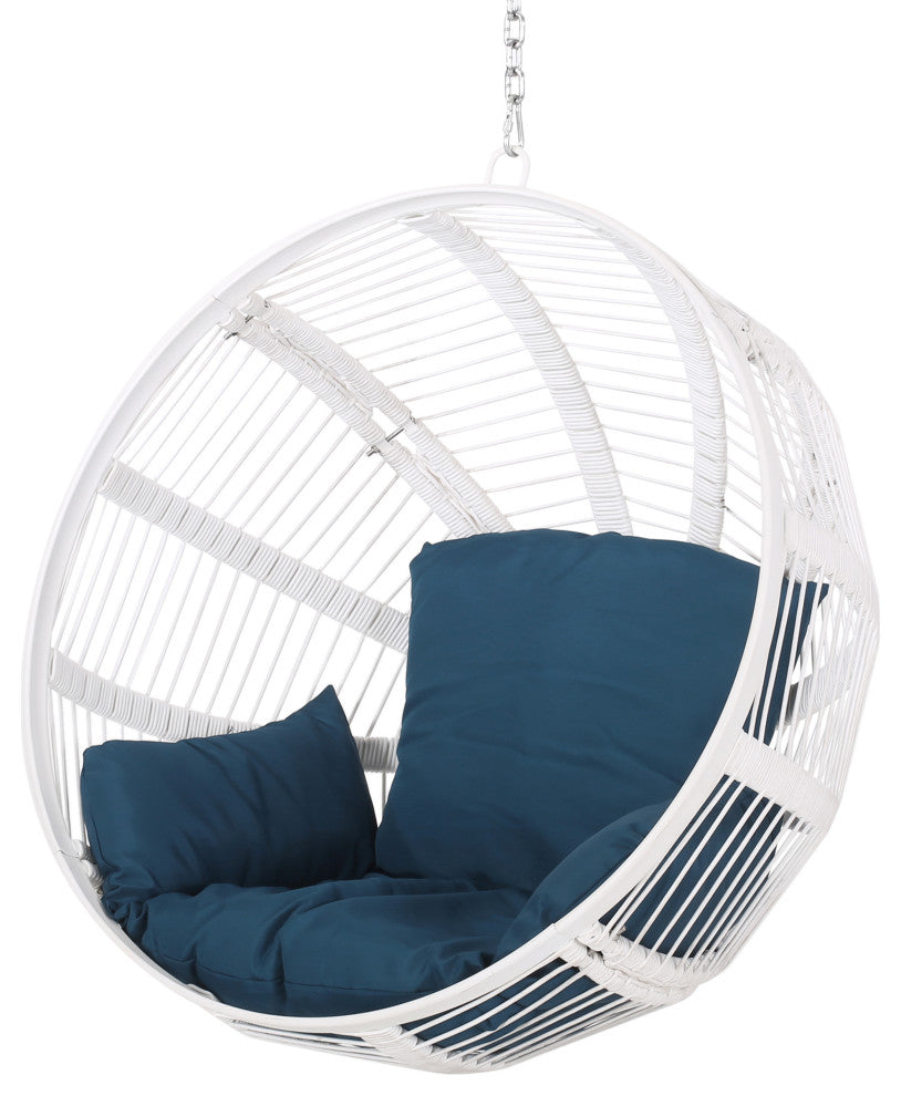 Ansonia Outdoor Rope Weave Hanging Chair With Stand, Darl Teal + White