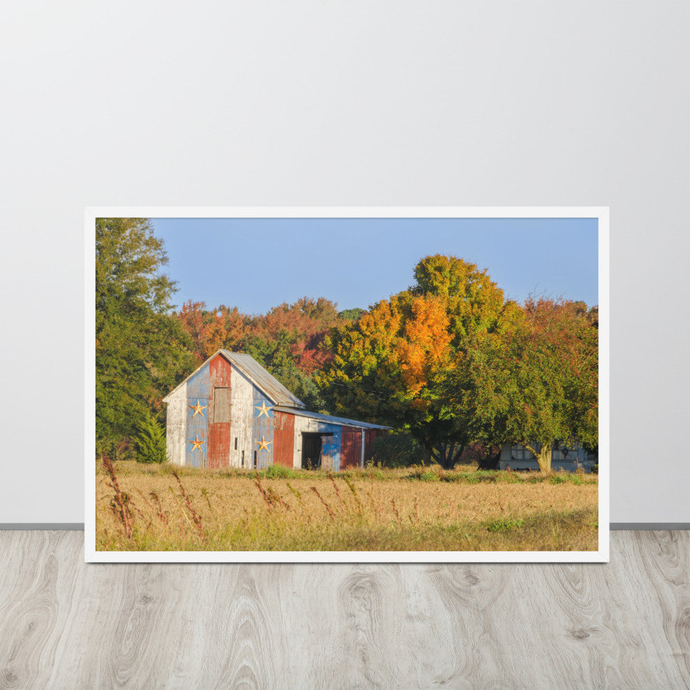 Patriotic Barn in Field Rural Landscape Framed Photo Paper Wall Art Prints, White, 24" X 36"