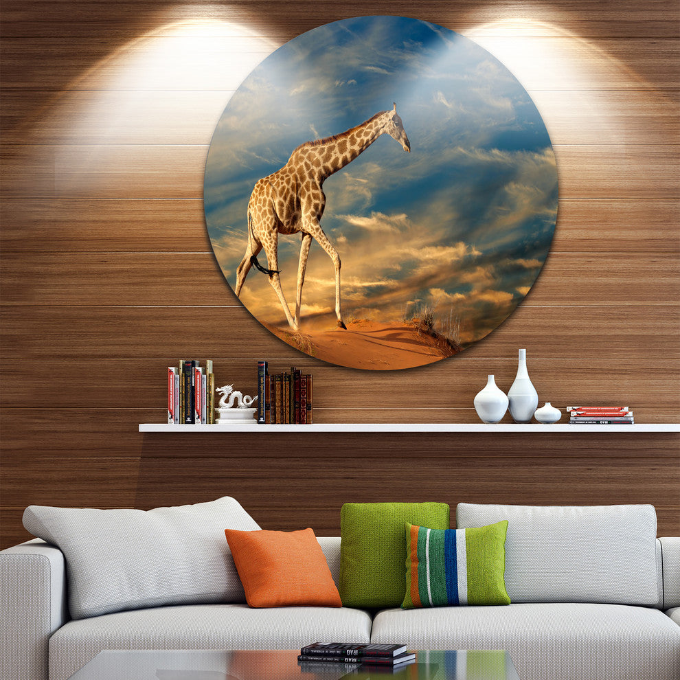 Giraffe On Sand Dune, Animal Photography Large Disc Metal Wall Art, 11"