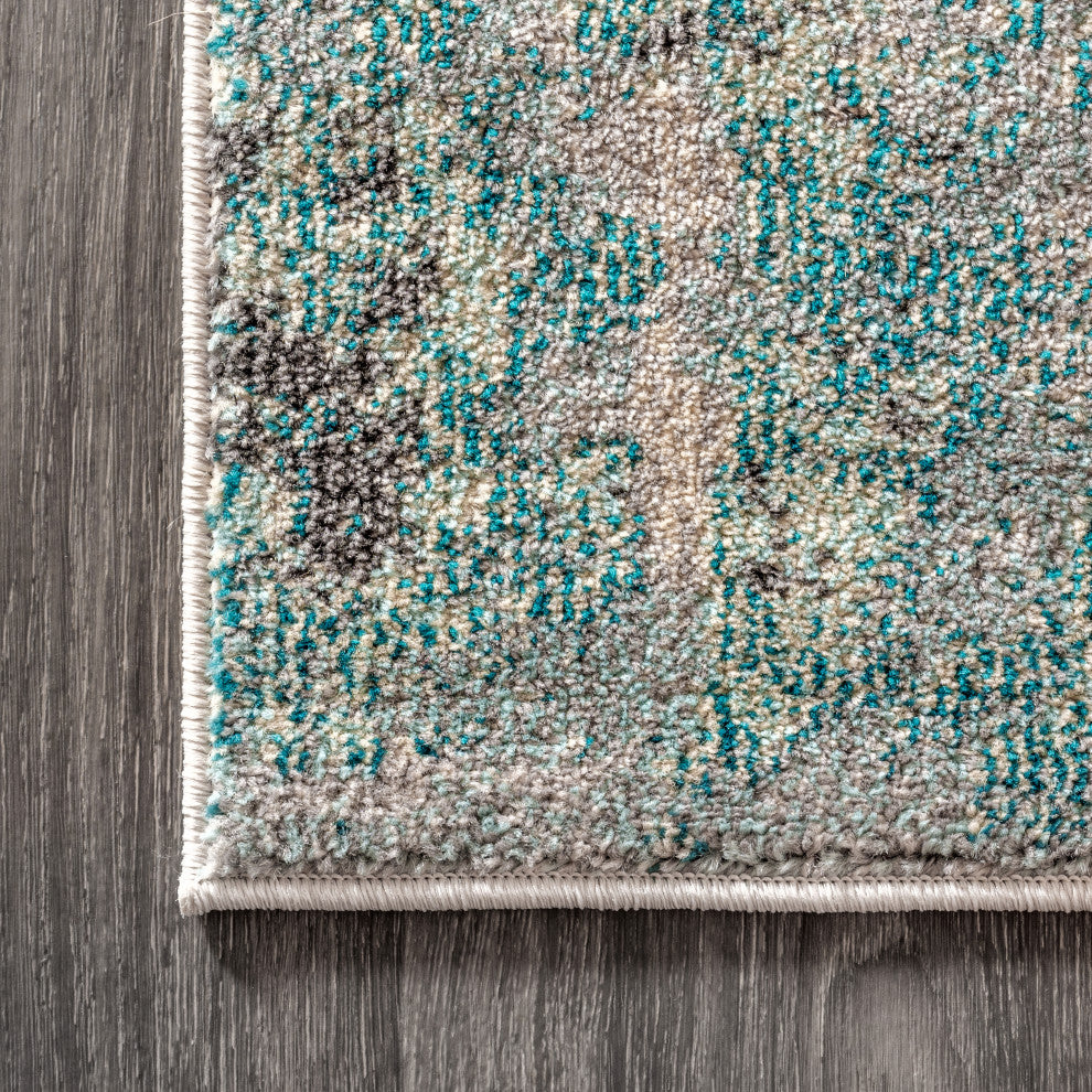 Contemporary POP Modern Abstract Vintage Area Rug, Cream/Blue, 7'10" Square