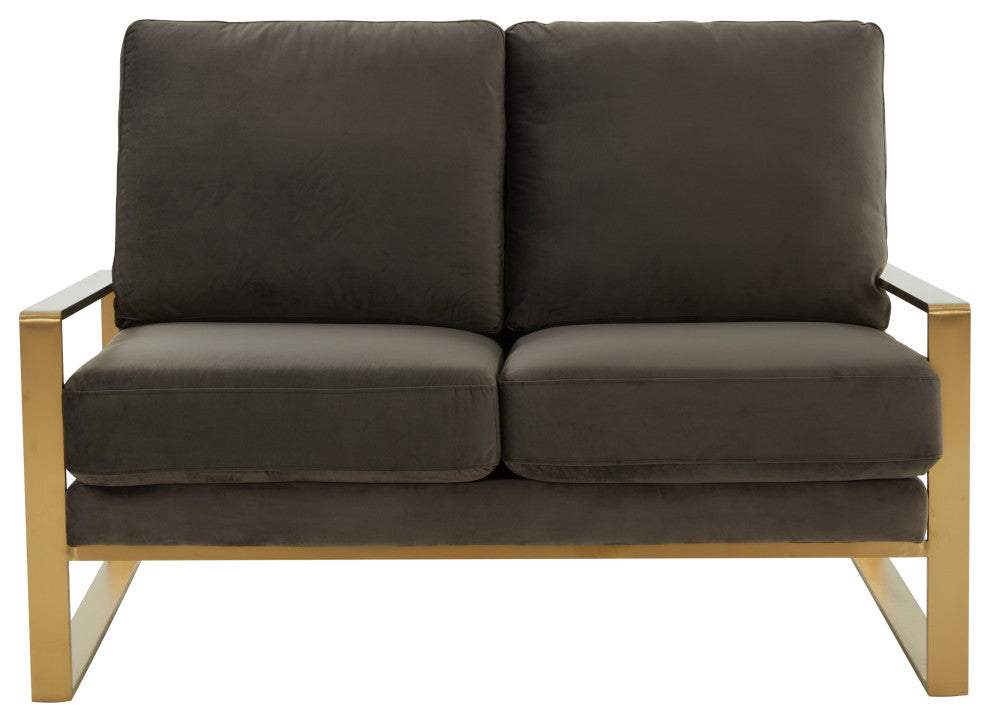 LeisureMod Jefferson Modern Design Velvet Loveseat With Gold Frame, Dark Gray