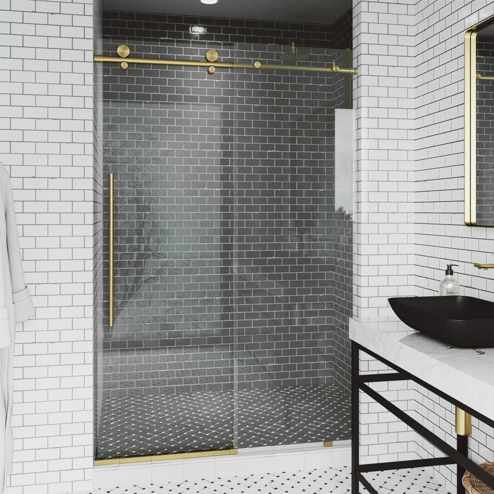 VIGO Elan E-Class 60" to 64" W x 76" H Frameless Sliding Shower Door, Matte Gold, Clear Glass