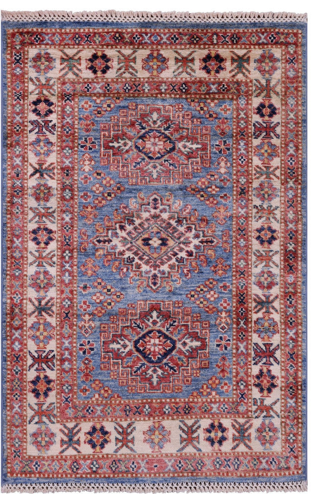 2' 10" X 4' 3" Geometric Super Kazak Hand Knotted Wool Rug Q10359