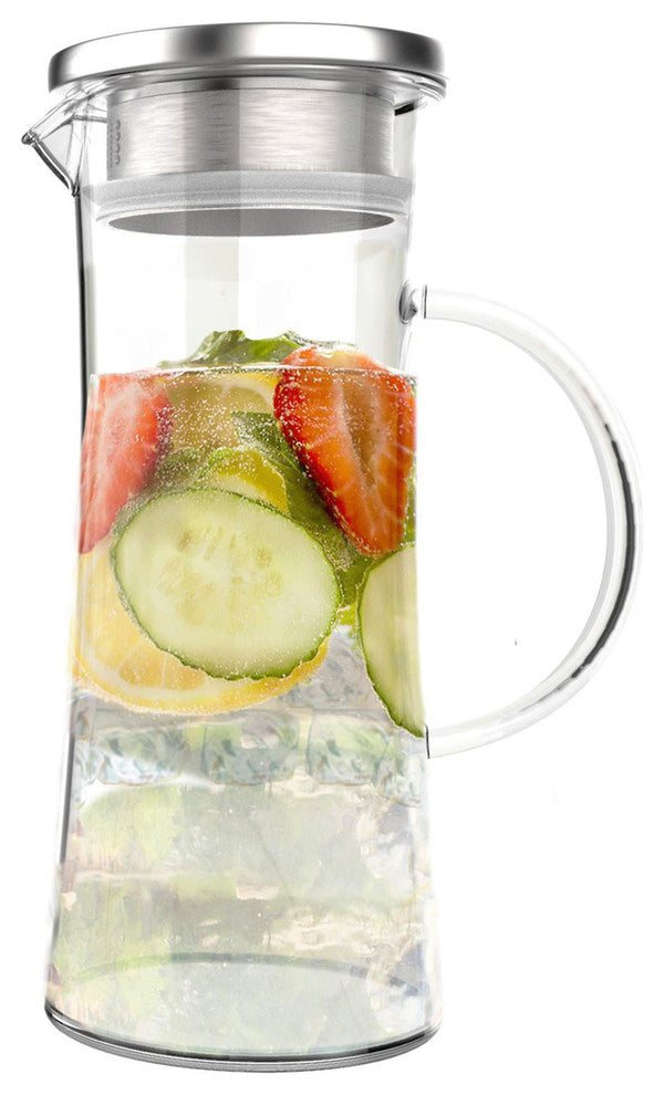 Glass Pitcher, 50oz. Carafe with Stainless Steel Filter Lid by Classic Cuisine