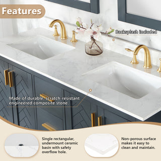 Engineered Stone Vanity Top in Grain White, 61", Double Sink