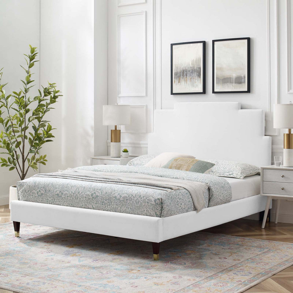 Platform Bed Frame, Full Size, Velvet, White, Modern Contemporary, Bedroom