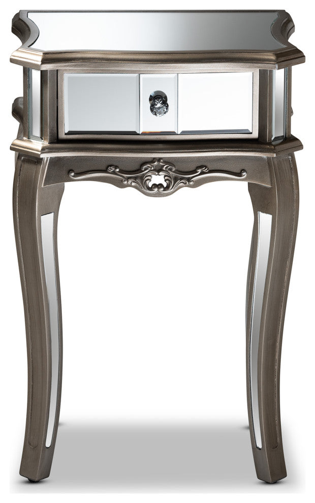 Elgin Brushed Silver Finished Wood and Mirrored Glass 1-Drawer Nightstand