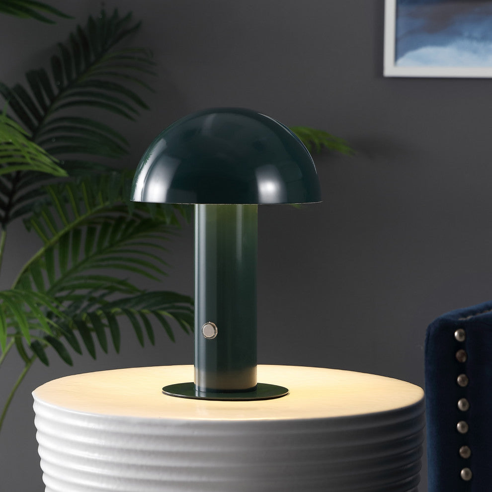 Boletus 10.75" Rechargeable/Cordless Iron LED Mushroom Table Lamp, Forest Green