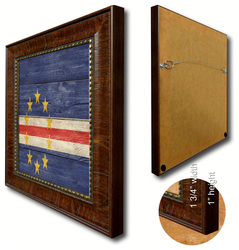 Cape Verde Country Textured Flag Print With Brown Gold Frame, 19"X27"