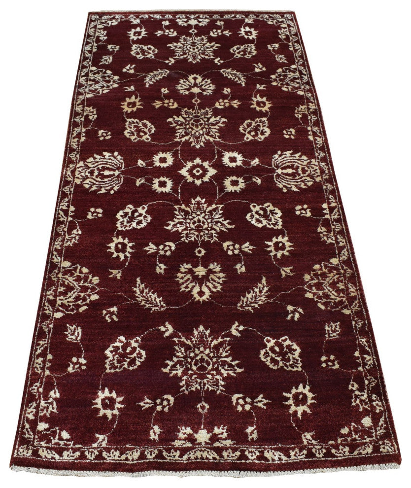Sangria Red Pure Wool Abarasque Design Agra Hand Knotted Runner Rug 2'8" x 6'