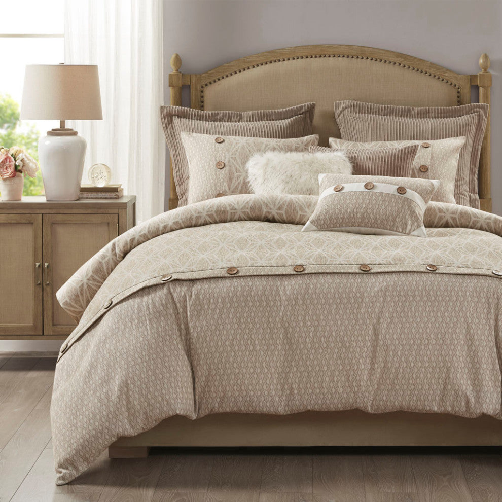 Madison Park Signature Grace Button Accent Taupe Duvet Cover Set w Insert, Queen