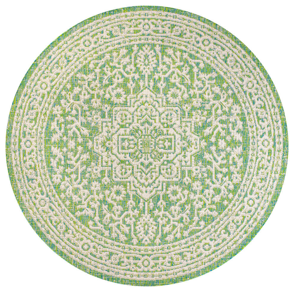 Sinjuri Medallion Textured Weave Indoor/Outdoor, Cream/Green, 5' Round