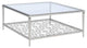 Metal Frame Coffee Table with Glass Top and Geometric shelf,  Silver and Clear