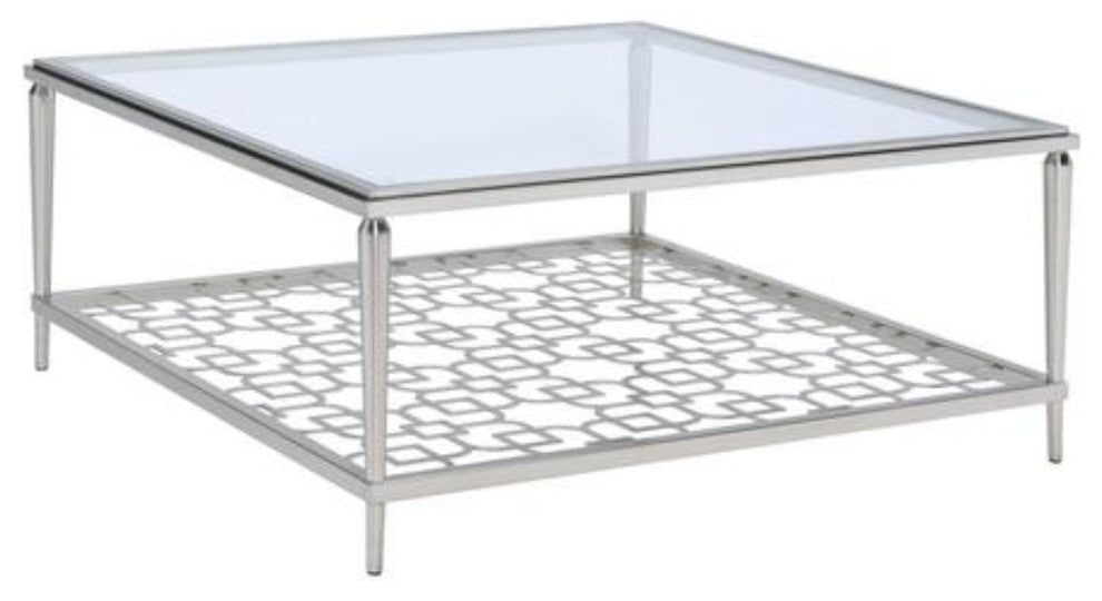 Metal Frame Coffee Table with Glass Top and Geometric shelf,  Silver and Clear