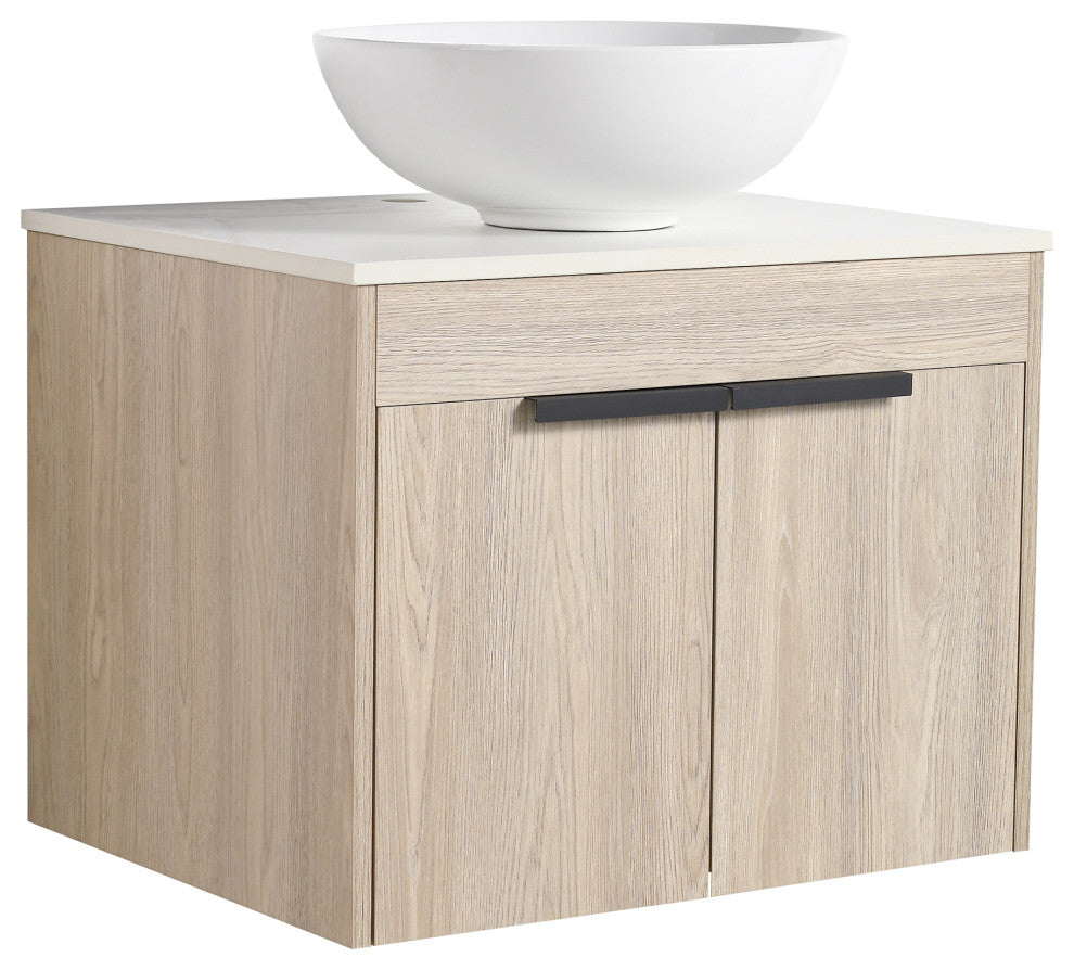 Wall-Mounted Bath Vanity, White Oak, White Ceramic Vessel Sink
