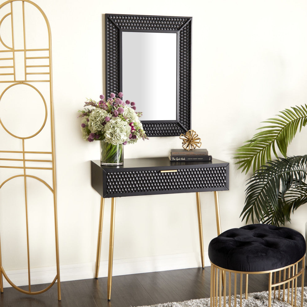 Contemporary Vanity Table, Mirror With Hexagonal Design and Sleek Gold