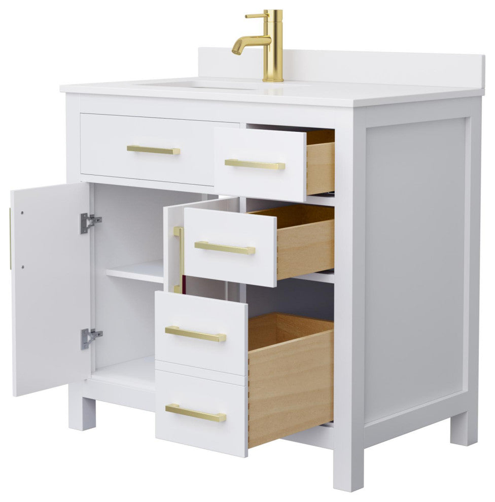 Beckett 36" White Single Vanity, White Cultured Marble Top, Gold Trim