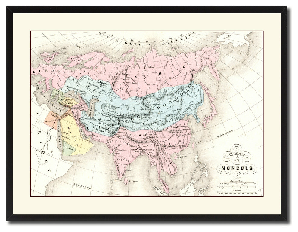 Mongolian Empire Asia Vintage Antique Map Wall Art, 28"x37"