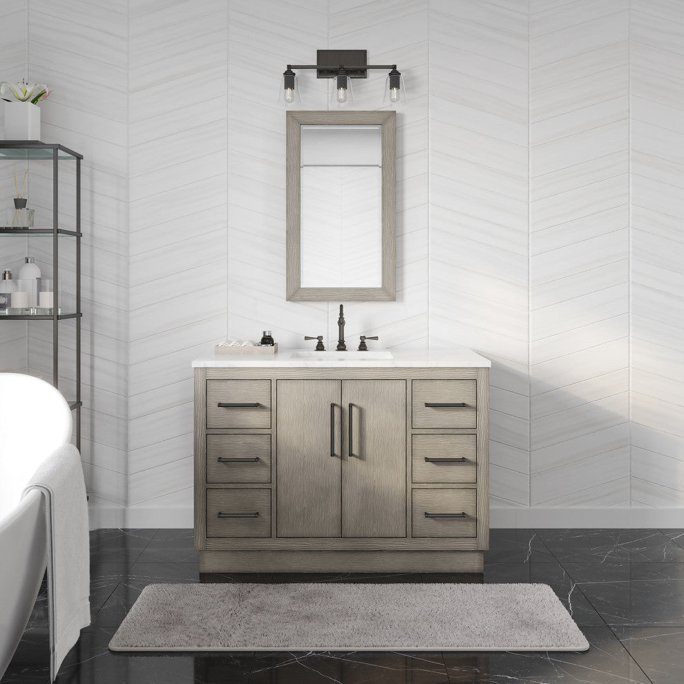 Hugo Carrara White Marble Countertop Bathroom Vanity in Grey Oak, Bronze Handle, 48", Vanity Only