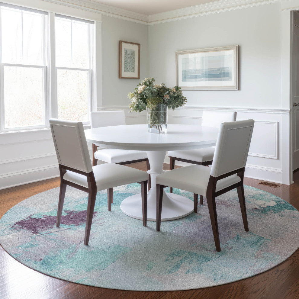 Machine Washable Indoor/Outdoor Chantille ACN1914 Teal 8' x 8' Round Rug