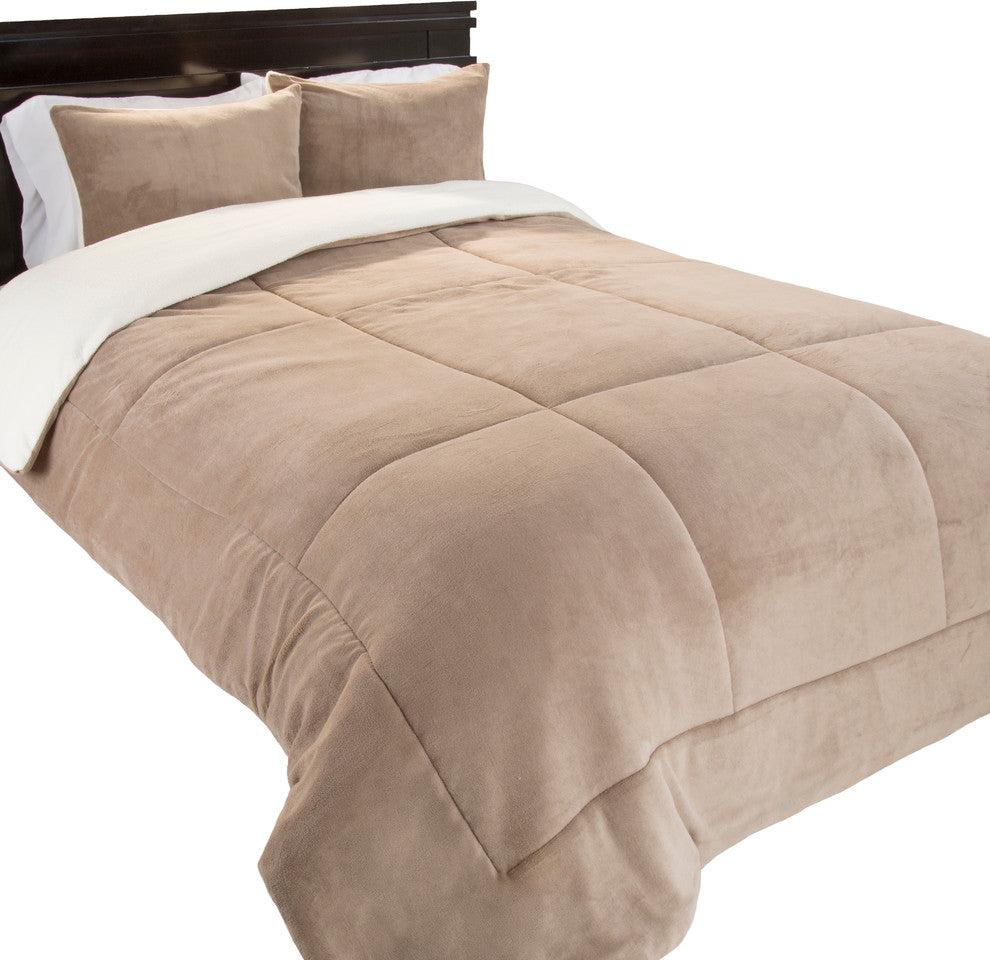 Sherpa/Fleece Comforter Set, Taupe, Full/Queen, 3 Piece