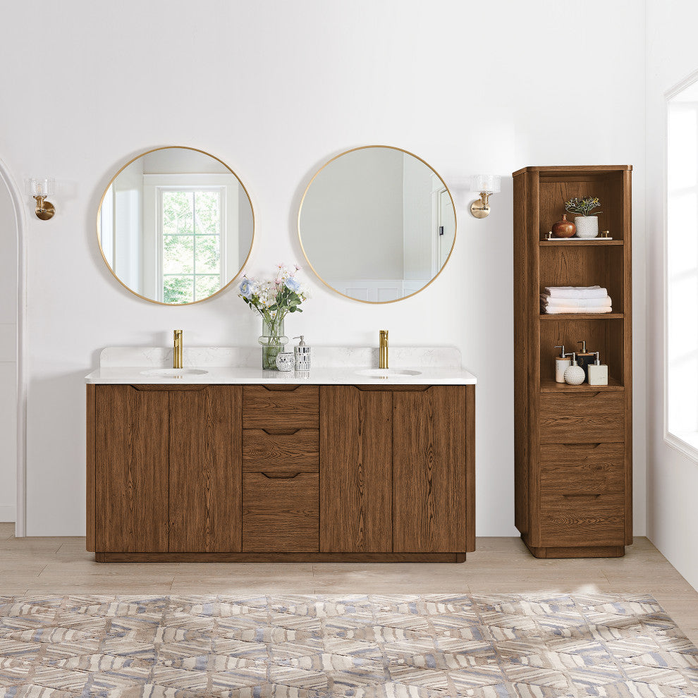 Abuja Bathroom Vanity, Stone Top, No Mirror, Oak Weathered Brown, 72", Double Vanity