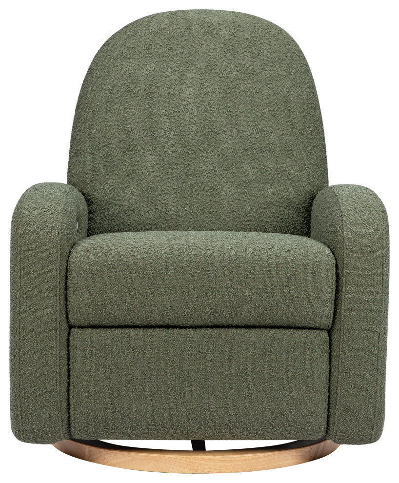Nami Electronic Recliner and Swivel Glider Recliner, Boucle With USB port, Olive Boucle With Light Wood Base