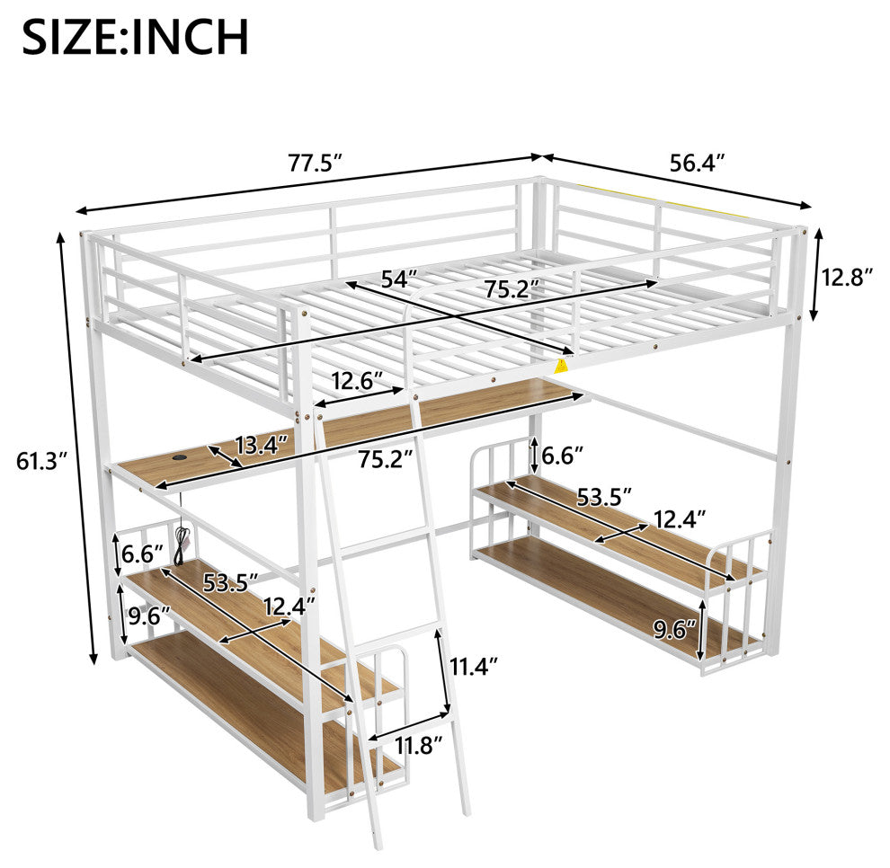 Gewnee Full Size Metal Loft Bed with Desk
