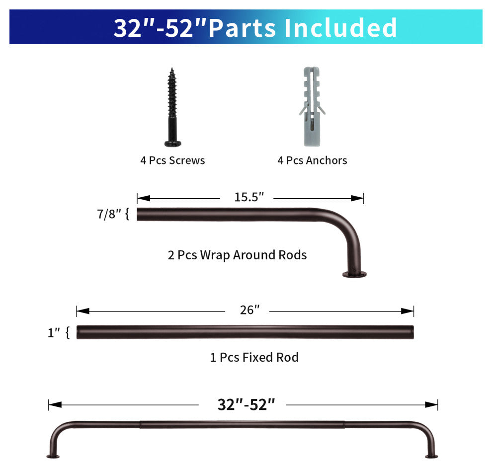 Energy Saving Wrap Around Black Out Return Adjustable Window Curtain Metal Rod, Bronze, 32-52"