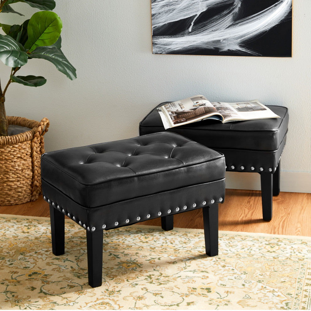 Set of 2 Leatherette Button-Tufted Accent Stool, Black
