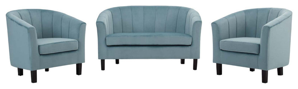 Tufted Armchair and Loveseat Sofa Set, Velvet, Blue, Modern, Lounge Hospitality
