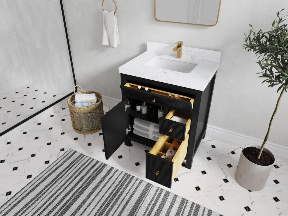 Sonoma 30 Single Sink Reeded Bath Vanity in Black 2" Carrara Marble