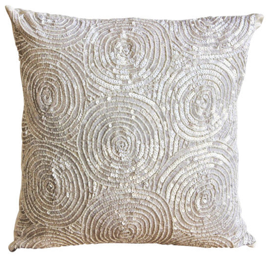 Ivory Art Silk 18"x18" Spiral Sequins Throw Pillows Cover, Ivory Swirls