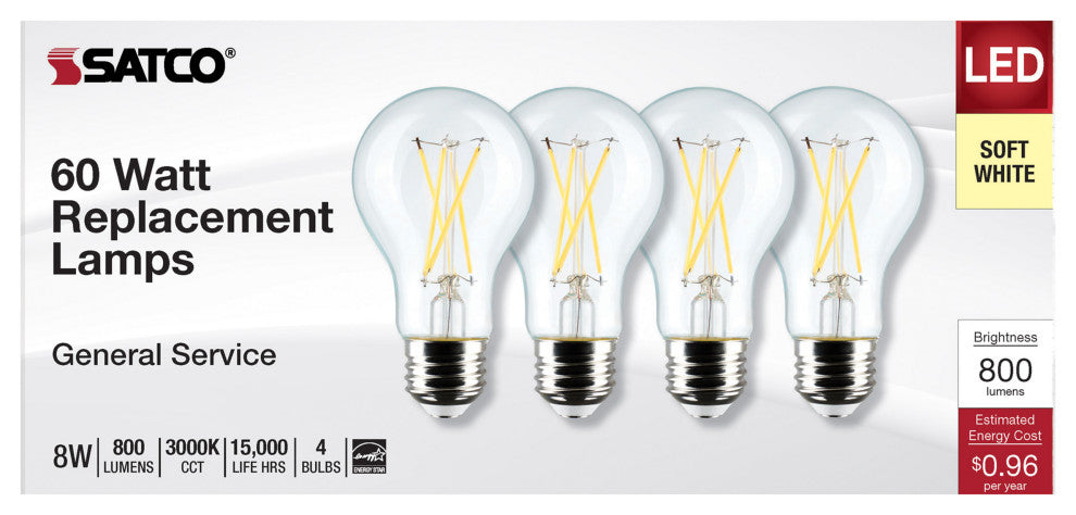 8W A19 LED, Clear, 3000K, Medium Base, 120V, 4-Pack