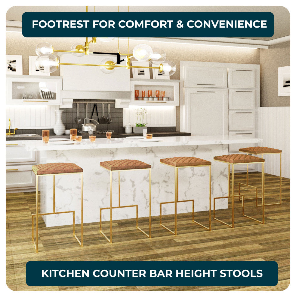 Quincy Leather Barstool Square Seats and Gold Metal Frame, Light Brown