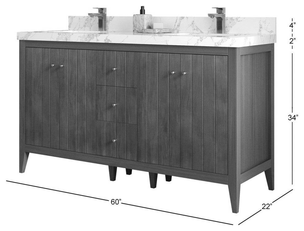 Atlanta Teak 60" Double Sink Bath Vanity, Dark Natural 2" White Quartz
