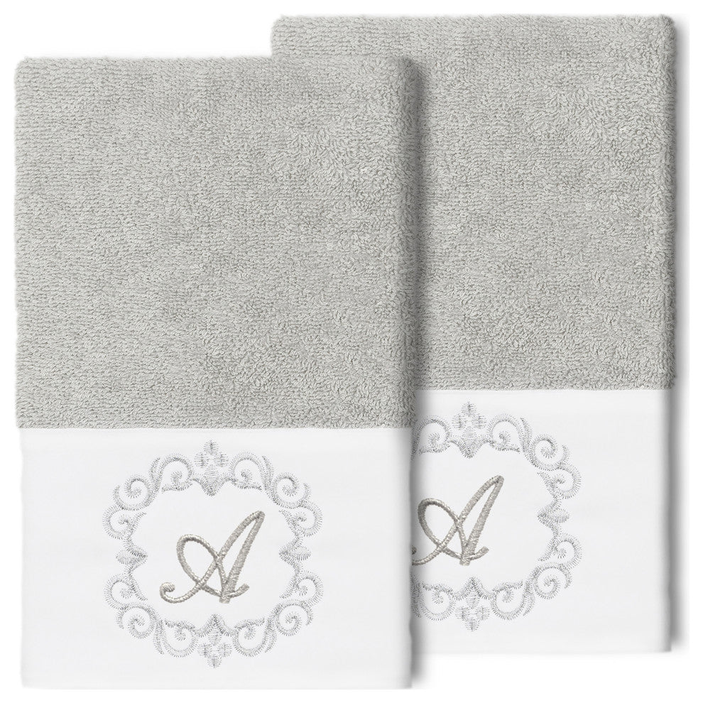 Linum Home Turkish Cotton Monica 2-Piece Embellished Hand Towel Set, Light Gray