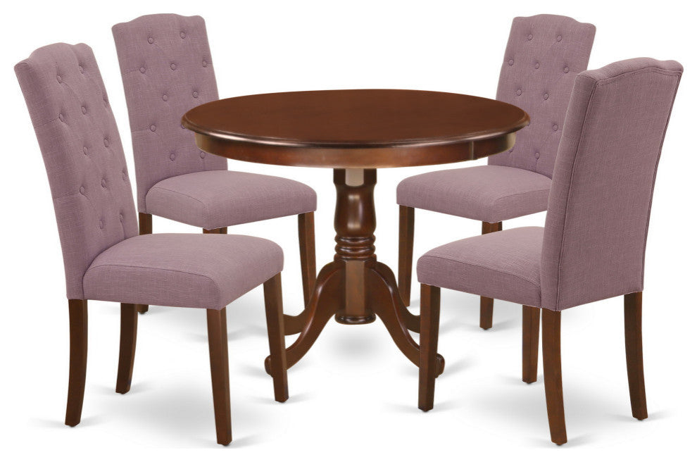5Pc Dining Set, Round Table, Four Parson Chairs, Dahlia Fabric, Mahogany Finish