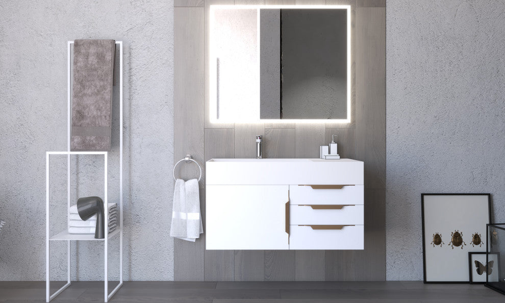 CastelloUSA Amazon 36" Wall Mount Vanity Set, White, White Top, Gold Handles