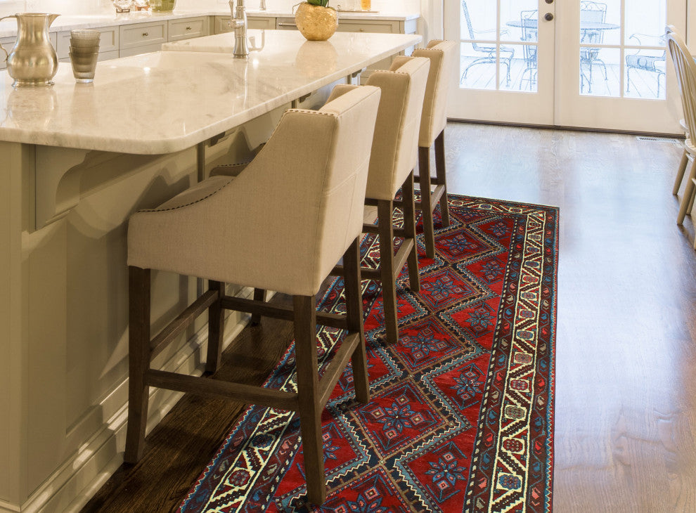 Fine Vintage Distressed Behbaha Red/Blue Runner, 3'4 x 9'11