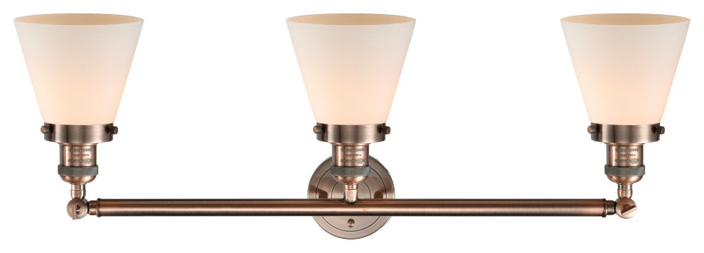 Small Cone 3-Light Bath Fixture, Matte White Cased Glass, Antique Copper