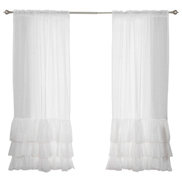 Faux Linen Ruffle Curtains, White, 52"x84", Set of 2
