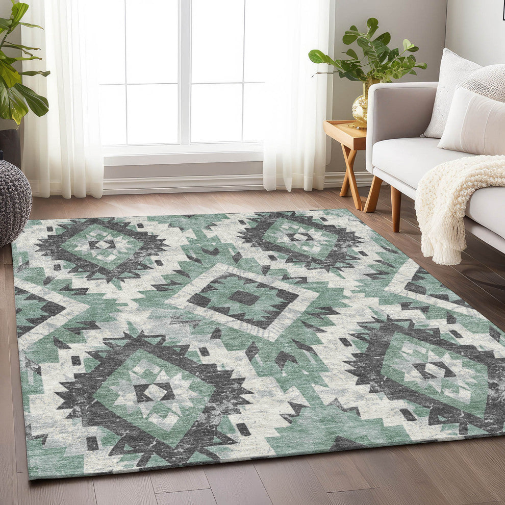 Machine Washable Indoor/Outdoor Chantille ACN1878 Teal 9' x 12' Rug