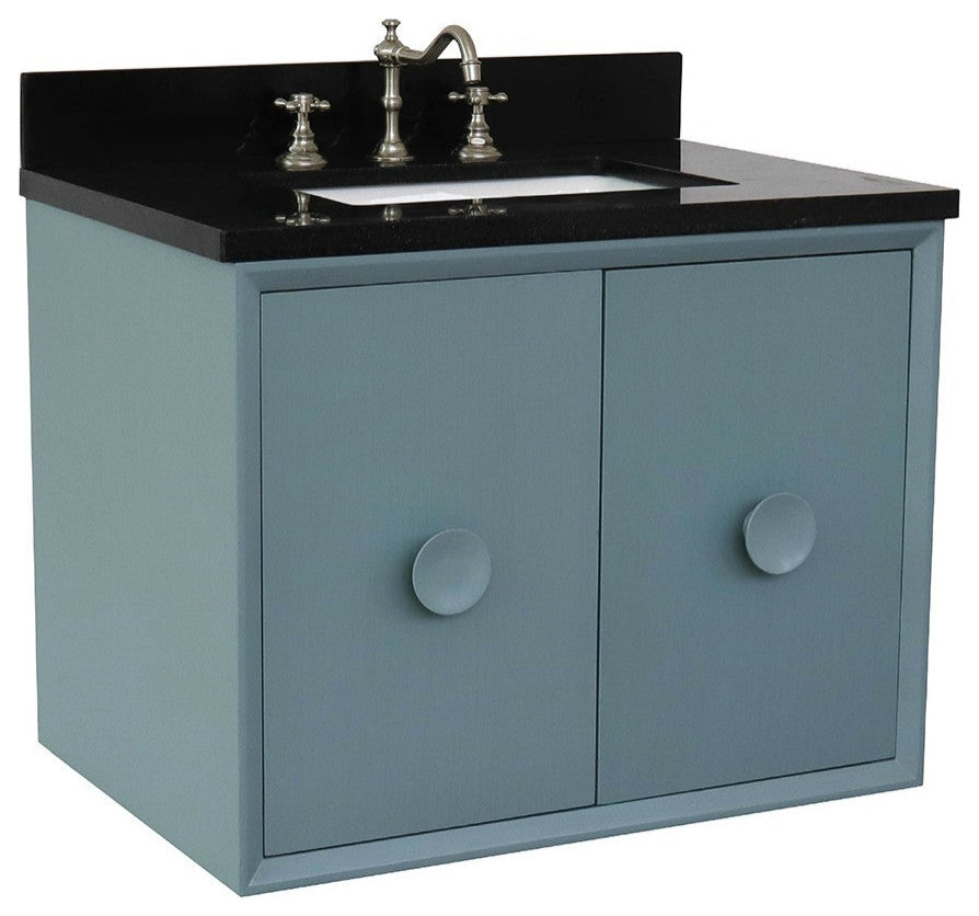 31" Single Wall Mount Vanity, Aqua Blue Finish With Black Galaxy Top
