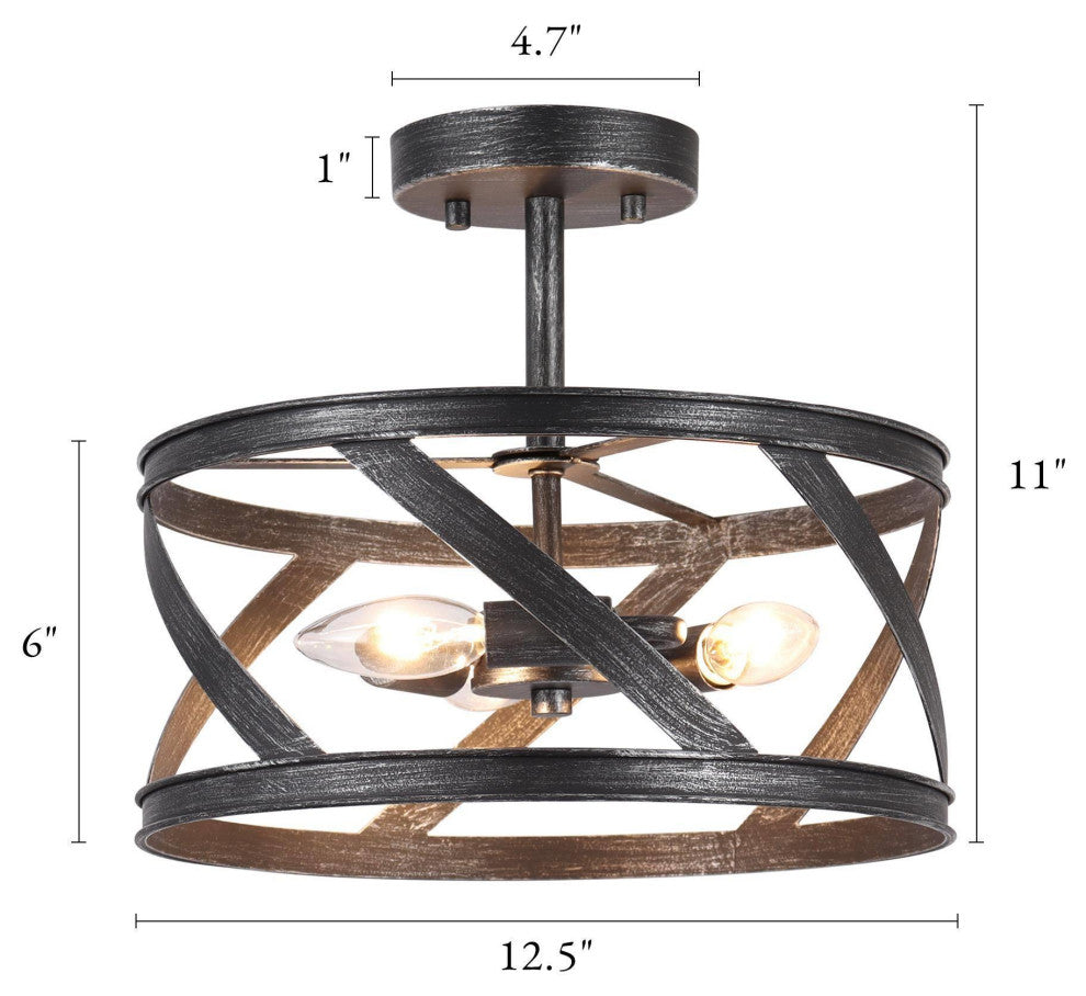 LNC 3-Light Metal Brushed Black Semi-Flush Mount Ceiling light, Drum, Industrial