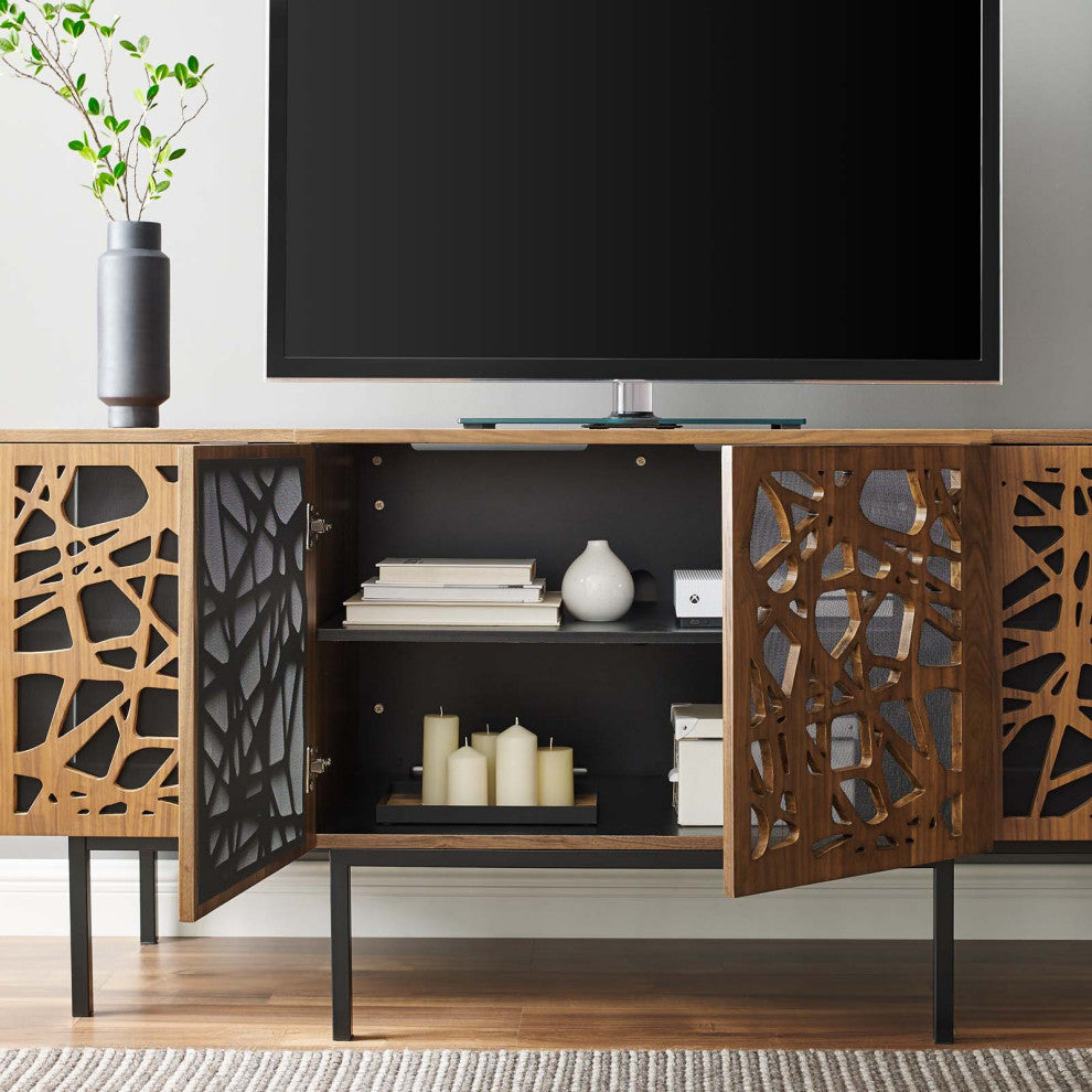 Console Entry Table Sideboard, Rectangular, Wood, Metal, Brown Walnut, Modern
