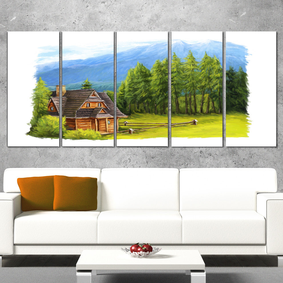 "Small Wooden Home in Mountains" Landscape Wall Art, 5 Panels, 60"x28"
