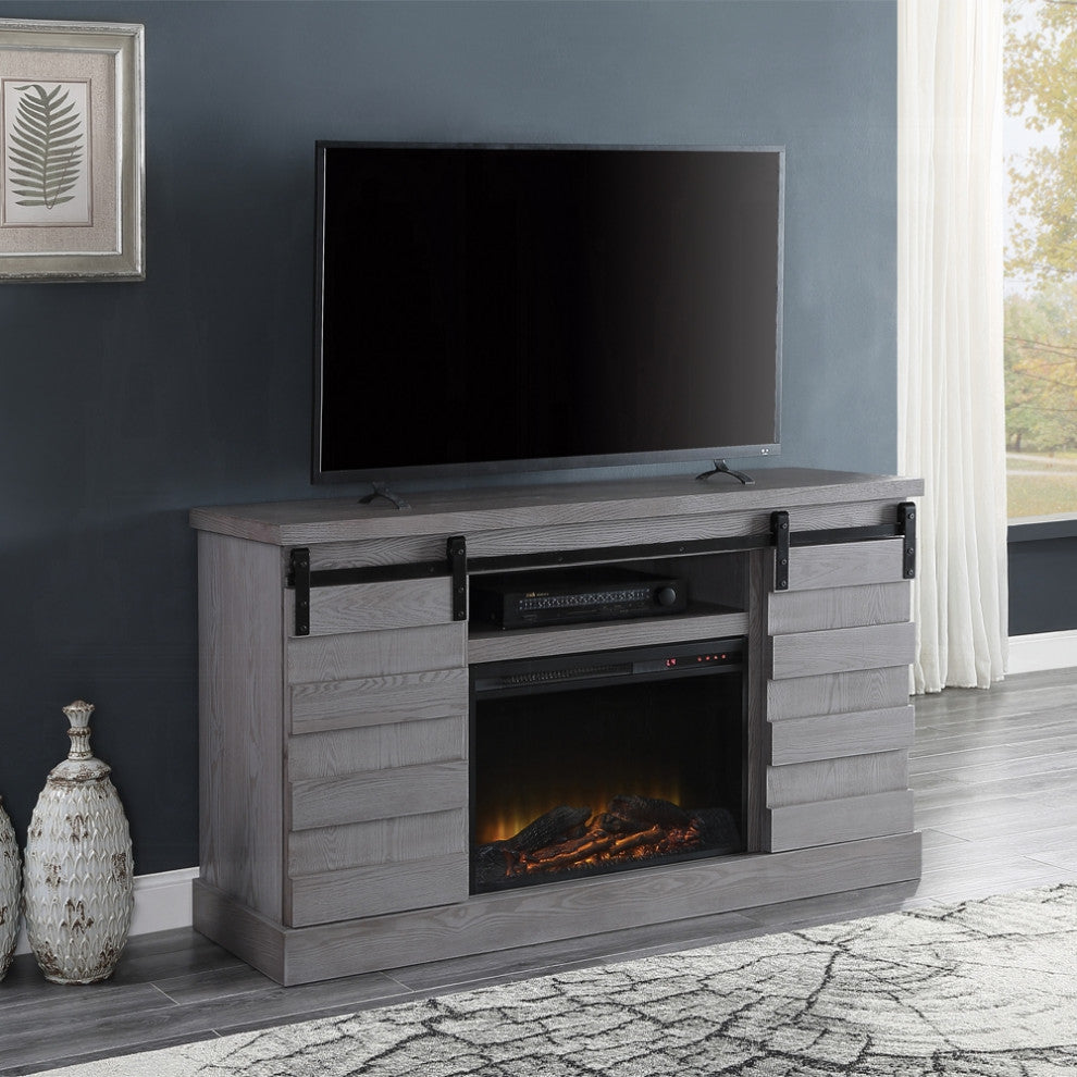 Amrita TV Stand WithFireplace, Gray Oak